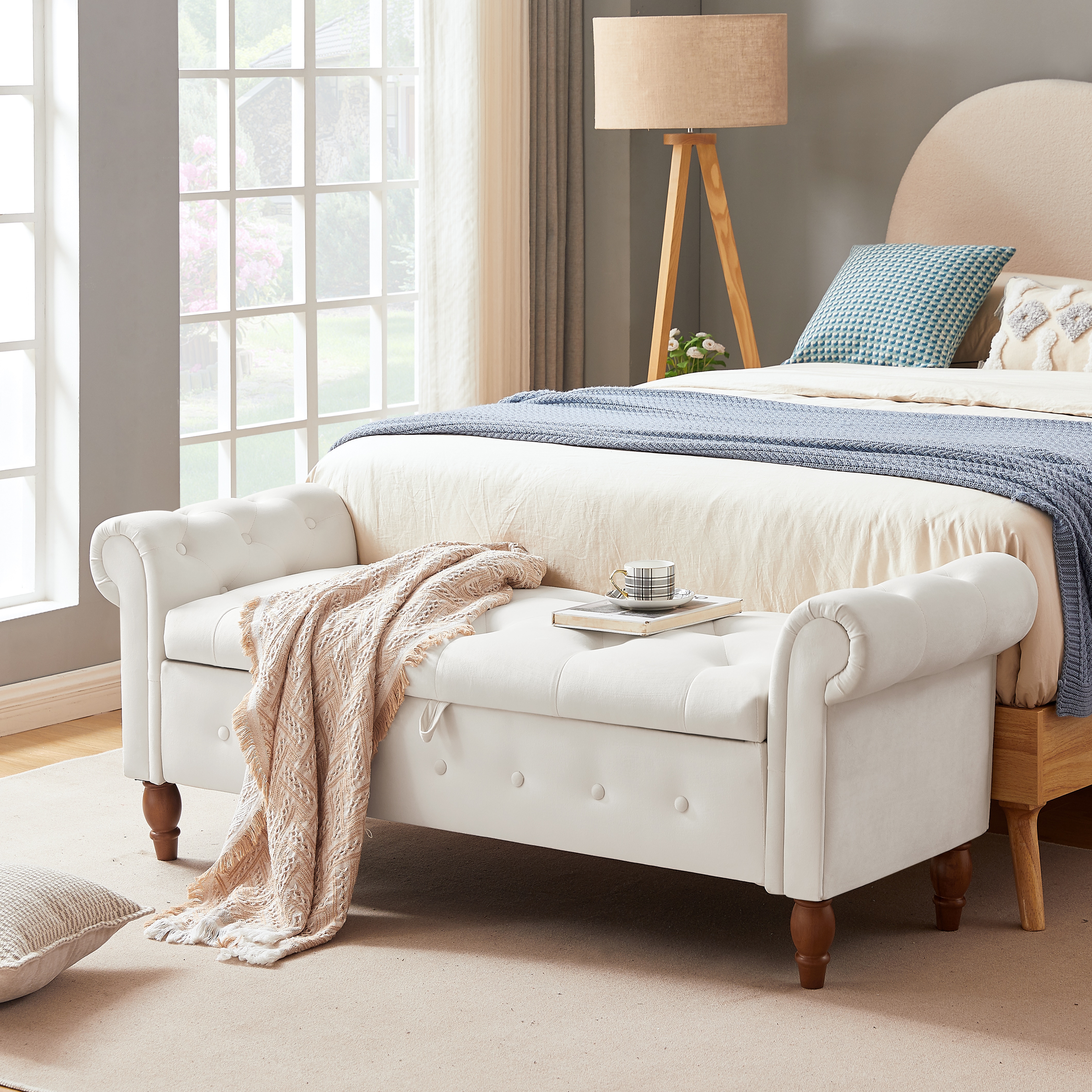 Velvet Storage Ottoman Bench – Multifunctional Beige Sofa Stool With Hidden Compartment, 500lbs Capacity, Rubberwood Legs_voghion.com